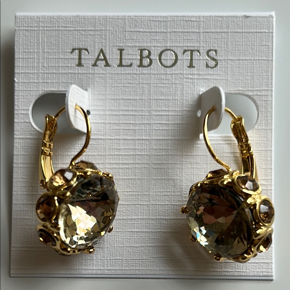 Talbots Yellow Gold Tone Encrusted Bezel Crystal Drop Earrings with Lever back - Picture 2 of 7